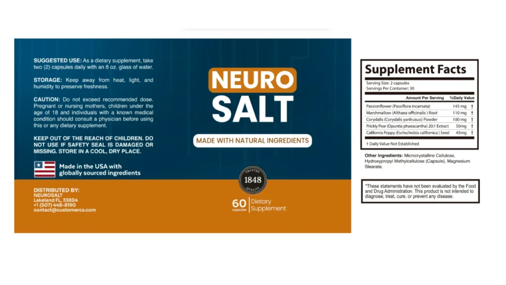 NeuroSalt supplement formula and ingredients showing natural nerve support blend for daily use